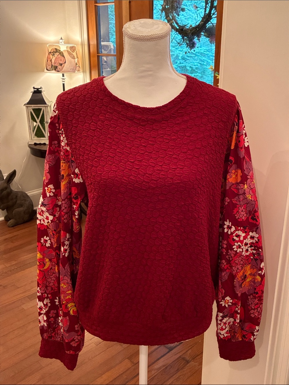 Porridge for Anthropologie Burgundy Textured Crewneck Mixed-Media Floral Blouse